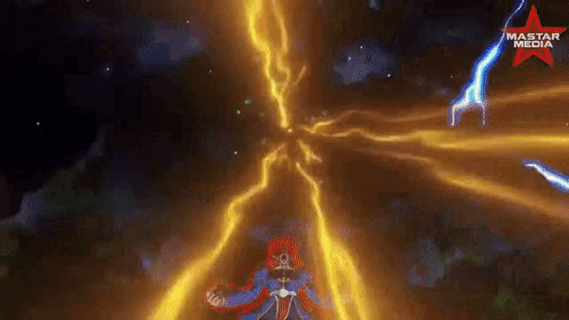 a cartoon character is standing in the middle of a thunderstorm with a red star in the background .
