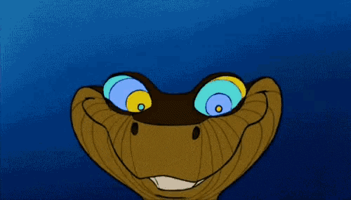 a close up of a cartoon snake with a blue background