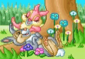 a pixel art illustration of two rabbits sitting next to a tree stump .
