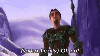 a man in armor is holding a cane and saying `` sarcasmally oh no ! ''
