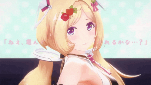a blonde anime girl with a flower in her hair and a white top