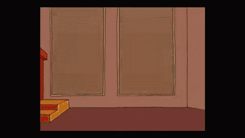 a cartoon character with a red face is standing in front of a hole in the wall