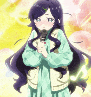 a girl with long hair is holding a microphone