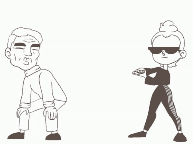a black and white drawing of a man squatting and a woman throwing money in the air
