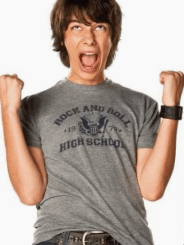 a young man wearing a rock and roll high school t-shirt