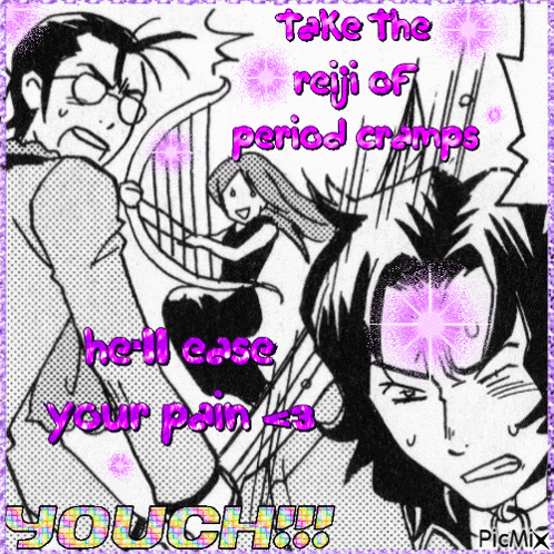 a picture of a man and a woman with the words take the reiji of period cramps hell ease your pain youch