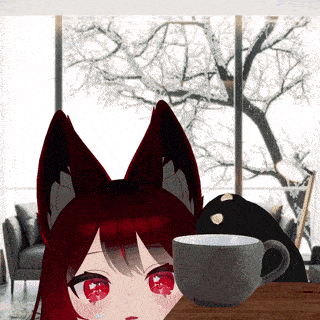 a girl with red hair and ears is sitting next to a cup of coffee