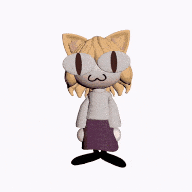 a cartoon character with big eyes and a purple skirt is standing with her hands on her hips