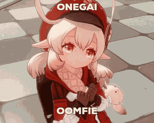 a girl in a red hat is holding a stuffed animal and says onegai oomfie .