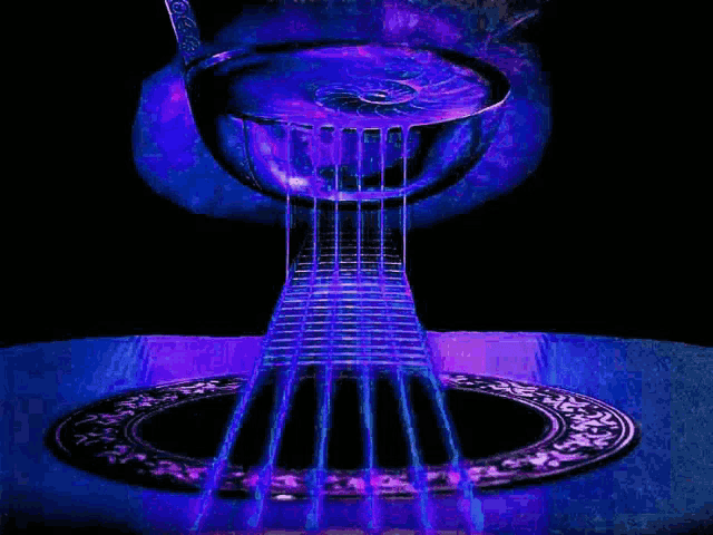 a purple and blue image of a guitar with a purple light coming out of it