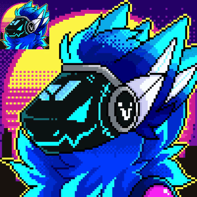 a pixel art drawing of a blue dragon with headphones