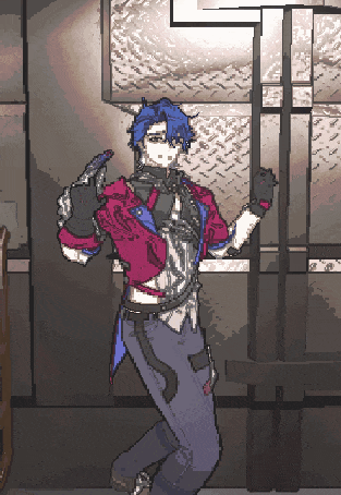 a pixel art of a person with blue hair