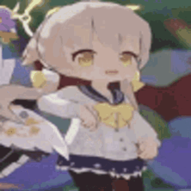 a little girl with a bow on her head is standing next to another girl in a video game .