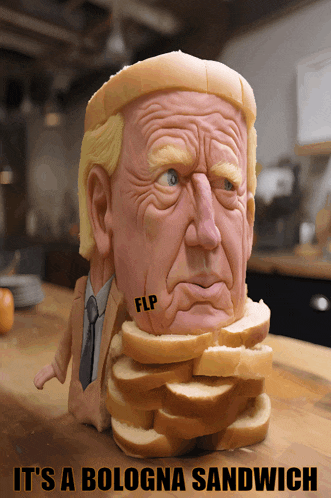 a statue of donald trump with slices of bread around his head and the words it 's a bologna sandwich below it