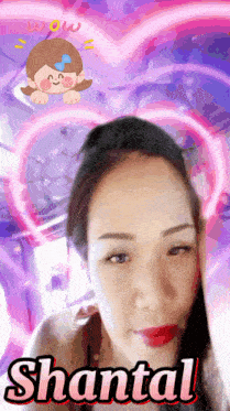 a woman with red lipstick and the name shantal on her face