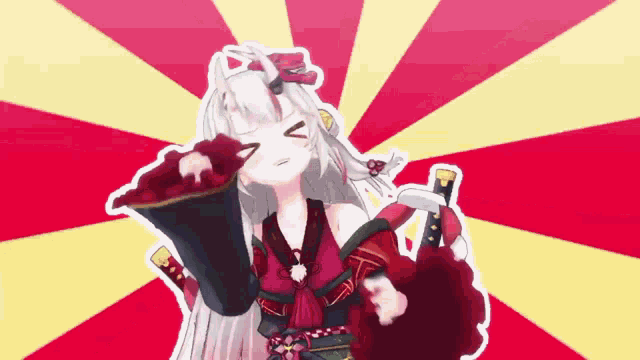 a 3d anime girl is holding a sword and a bucket of berries .