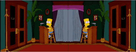 bart simpson is sitting at a desk in front of a microphone in a room with a door that has the number 275 on it