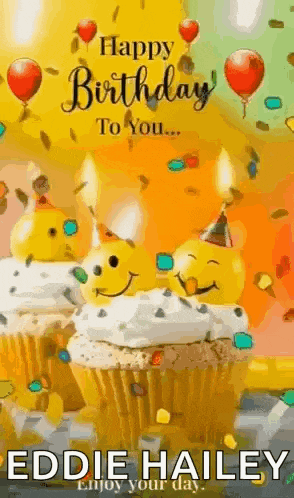 a happy birthday greeting card with cupcakes , balloons , and smiley faces on them .