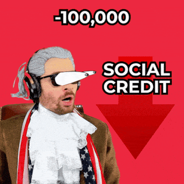 a man wearing a wig and sunglasses stands in front of an arrow pointing down that says social credit