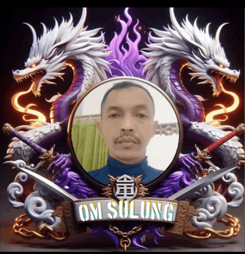 a picture of a man surrounded by dragons with the name om sulung at the bottom