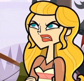 a cartoon of a woman with blonde hair and blue eyes making a funny face .