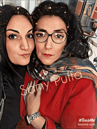 two women are posing for a picture with the name samy puffa written on the bottom