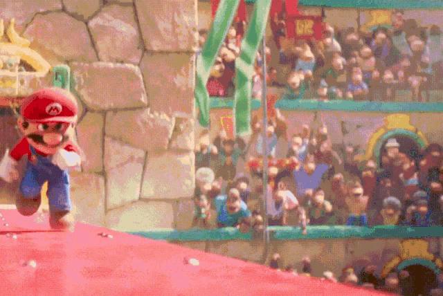 a video game character named mario is running on a red carpet