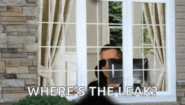 a man looking out of a window with the words where 's the leak written below him