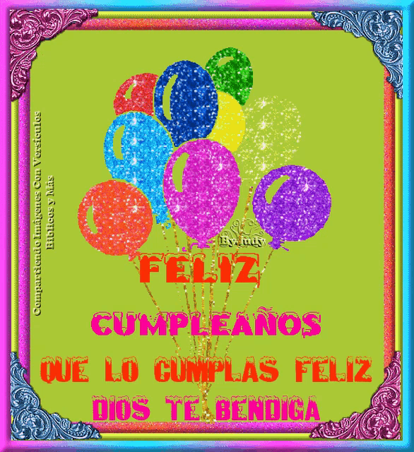 a birthday card in spanish with a bunch of balloons