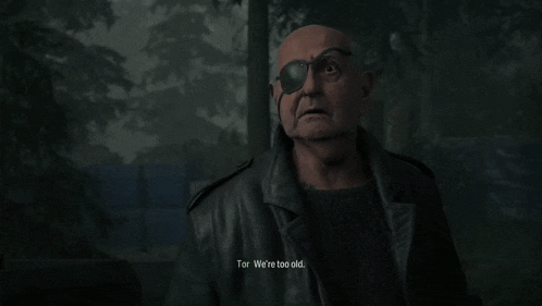 a bald man with a patch on his eye is talking to tor