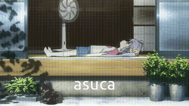 a girl laying on a porch next to a fan with the word asuca on the bottom