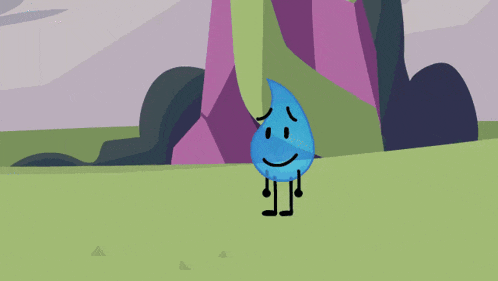 a blue cartoon character with a sad face is standing in a field
