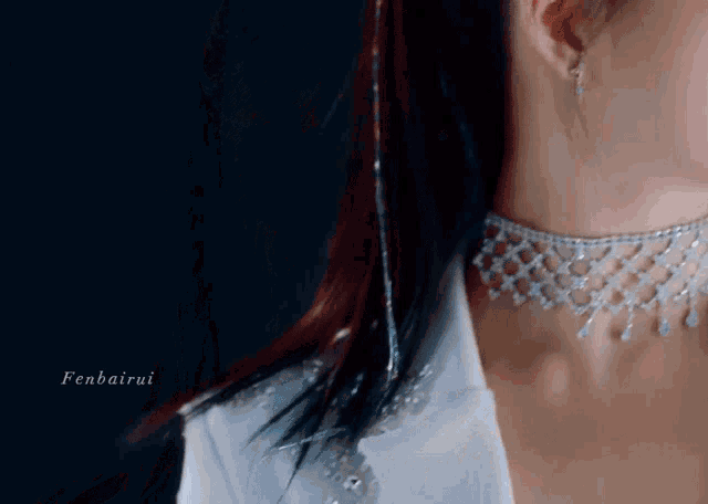 a close up of a woman wearing a necklace and earrings with fenbairuoi written on the bottom right