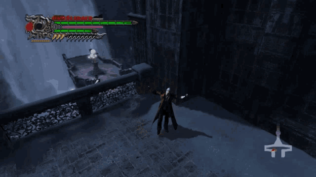 a video game screen shows a man standing in front of a waterfall with a sword in his hand