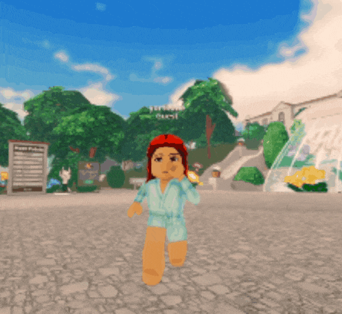 a girl in a bathrobe is walking in a video game with a sign that says tropical guest