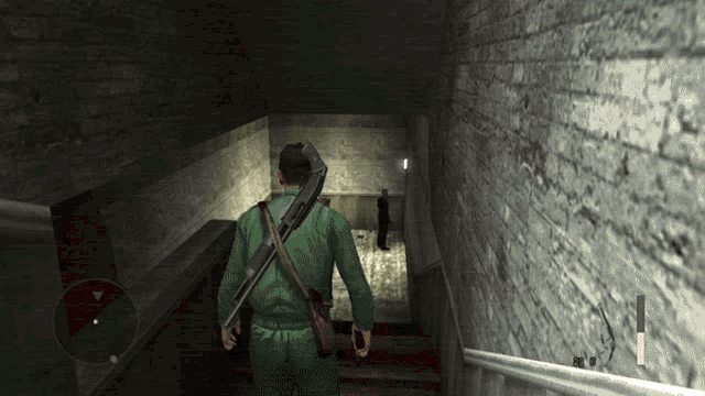 a man in a green uniform is walking down a set of stairs holding a gun