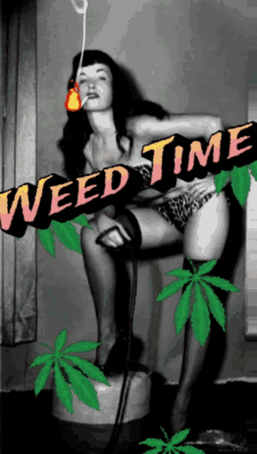 a black and white photo of a woman smoking a cigarette with weed leaves surrounding her
