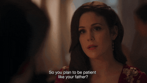 a woman in a red dress says so you plan to be patient like your father ..