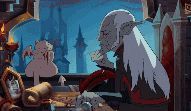 a cartoon drawing of a vampire sitting at a table
