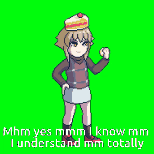 a pixel art drawing of a girl with a cake on her head