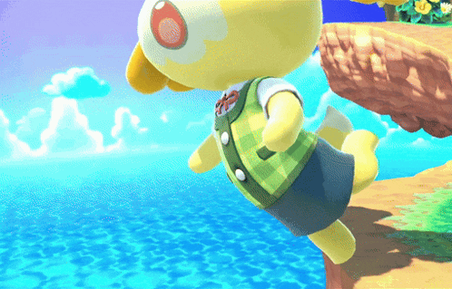 a yellow animal crossing character jumping into the water