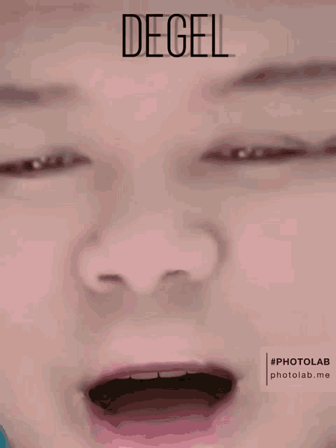 a close up of a person 's face with the word degel on the top