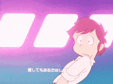 a cartoon drawing of a boy with a purple background and a white letter t