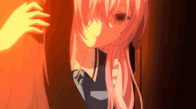 a girl with pink hair and red eyes is standing in the dark