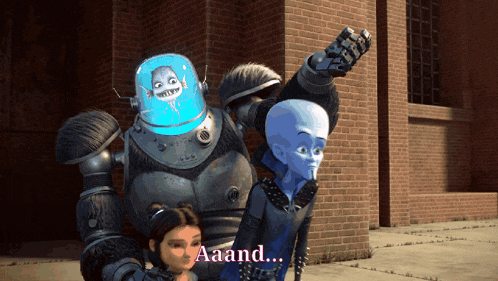 a robot and a girl are standing next to each other and the girl says aaand