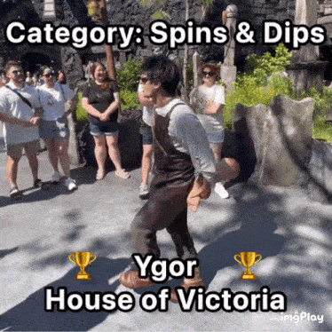 a man in overalls is dancing in front of a group of people and the caption says category spins & dips