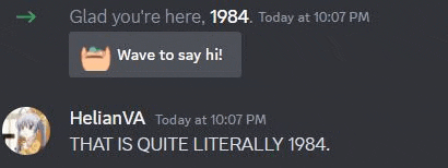 a screenshot of a discord channel with two people talking about 1984 .