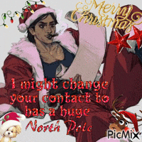 a christmas card with a man in a santa hat holding a list