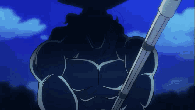 a silhouette of a man with a sword in his hand against a blue sky