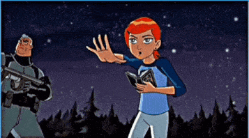 a cartoon character is holding a book while a man with a gun stands behind her
